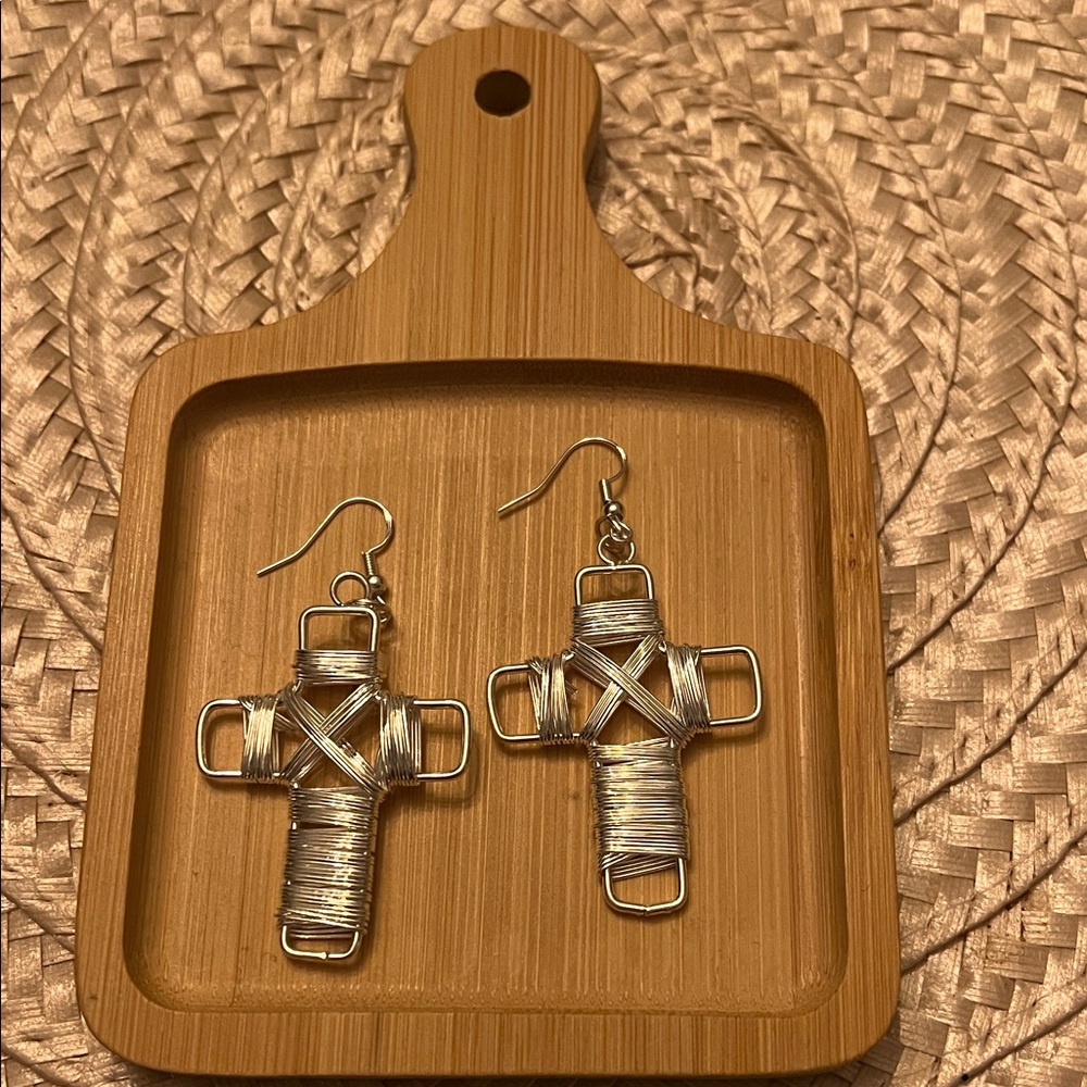 Handcrafted Silver Wire Cross Earrings